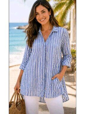 Foxcroft Womens Linen Coastal Beach Vacation Casual Striped Tunic Top Sz 6 Blue